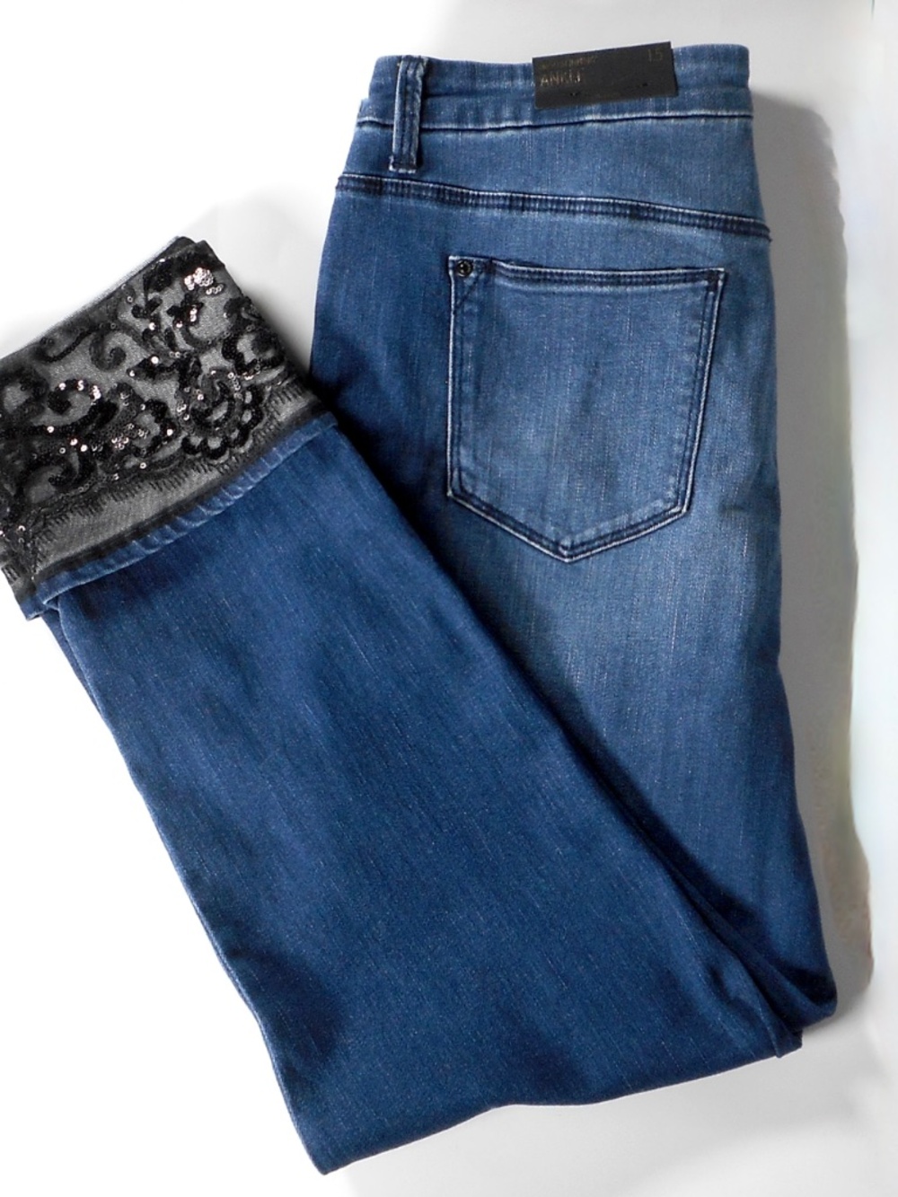 NWT Chicos 1.5 R 8 10 So Slimming Ankle Jeans Sequin Lace-Cuff Girlfriend Denim